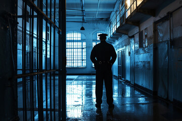 a prison guard makes a round of the cells and gates of a prison - obrazy, fototapety, plakaty