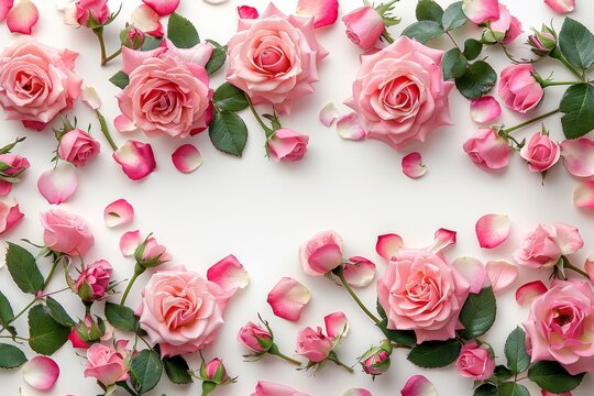 Decorative web banner. Close up of blooming pink roses flowers and petals isolated on white table background. Floral frame composition. Empty space, flat lay, top, Generative AI