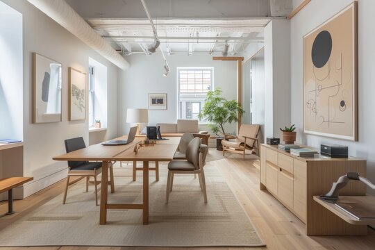 A minimalist office space with a table, chairs, and art on the wall, showcasing Scandinavian design principles