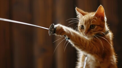 Ginger kitten chasing toy sword on wooden surface, cute pet playing with miniature sword