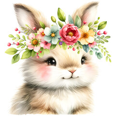 Cute Floral Watercolor Easter Bunny Clipart with transparent background - 767772929