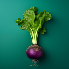 Fresh white turnip with green leaves on a purple background. Ideal for healthy eating, autumn, and vegetable promotions.