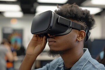 A man is actively using a virtual reality headset, immersed in a digital environment for education or training purposes