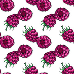 Ripe pink raspberries. Seamless pattern. Design of candies and sweet dessert . Vector illustration.