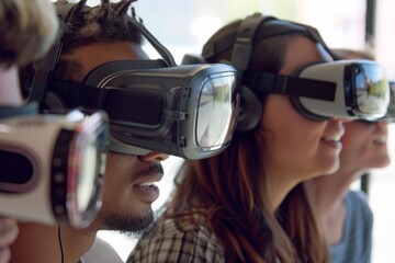 A group of individuals immersed in virtual reality experiences while wearing VR headsets - obrazy, fototapety, plakaty
