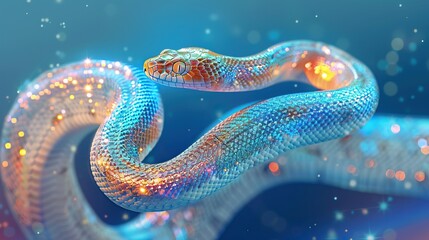 A digitally-rendered, luminescent snake glides through an abstract, sparkly environment