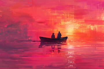 boat at sunset, water reflecting digital painting vibrant artwork illustration design