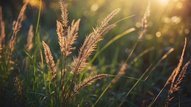 Wild grass in the forest at sunset. Macro image, shallow depth of field. Abstract summer nature background. Vintage filter