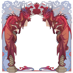Two red dragons sitting on a Gothic arch and breathing out smoke, guarding the entrance into the world of Fantasy. Square symmetrical composition, suitable as a template. EPS10 vector illustration.