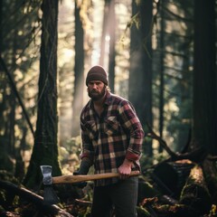 A lumberjack man firmly grasps a large axe as he stands among the trees in a dense forest.