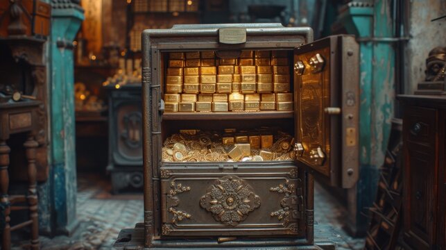 Vintage Teal Safe Filled With Gold Bars in an Antique Shop Setting