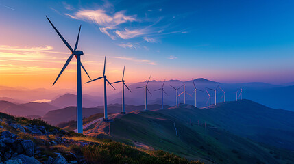 Wind Turbines on Picturesque Mountain at Sunset. Sustainable energy concept.