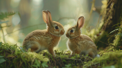 In a warm forest clearing, two adorable rabbits seem to whisper to each other, sharing a secretive and affectionate exchange. - obrazy, fototapety, plakaty