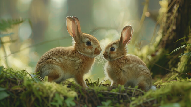 In a warm forest clearing, two adorable rabbits seem to whisper to each other, sharing a secretive and affectionate exchange.