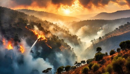 A forest fire is being extinguished by spraying water from a hose - obrazy, fototapety, plakaty