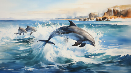 Fototapeta premium A digital painting of Dolphins in mid-leap over the cresting waves of the ocean with the spirit of marine life's playful essence.