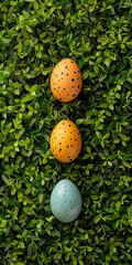 top view easter eggs with patterns on a green grass