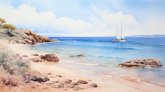 A watercolor illustration of a peaceful cove with gentle waves, seashells and a lone sailboat at anchor