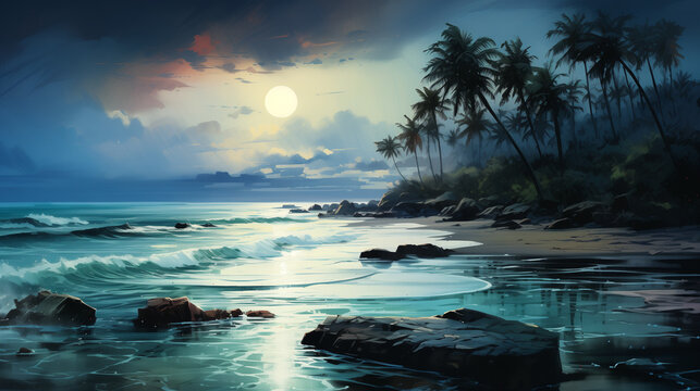 Digital painting of a dramatic night scene with a full moon illuminating a tropical beach lined with coconuts trees, casting a mystical glow over the gentle surf.