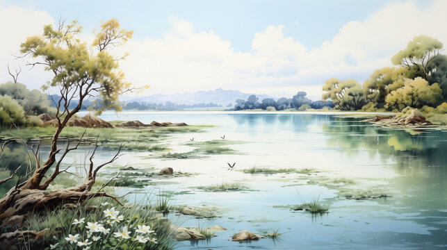 Digital painting of a river flowing gently past banks adorned with flourishing trees and rocks, under a soft cloud sky.