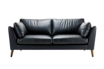Elegance in Contrast: Black Leather Couch Against White Background. On a White or Clear Surface PNG Transparent Background.