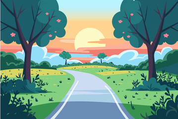 Road through a green field landscape scene at sunset, colorful summer vector illustration - obrazy, fototapety, plakaty