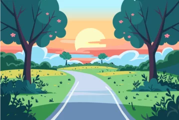 Gordijnen Road through a green field landscape scene at sunset, colorful summer vector illustration © SachiDesigns