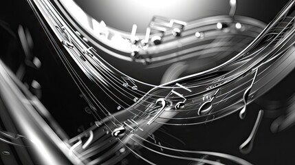 black and white image of a musical staff with notes flowing and curving in 3d  