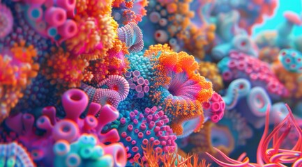 Fototapeta na wymiar Complex coral-like structures in vibrant 3D render. Dive into a digital ocean with this intricate 3D render that resembles vibrant, coral-like structures in a rainbow of colors