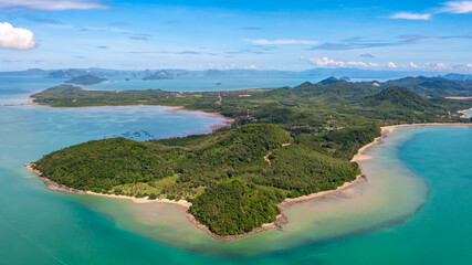 Aerial view Panorama of mountain and long beach, Andaman Sea in the summer season - obrazy, fototapety, plakaty
