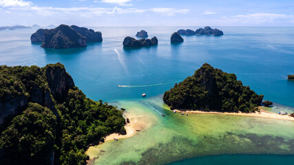 Aerial view seascape island and passenger boat, tourist, Andaman Sea in the summer season at Krabi Province,