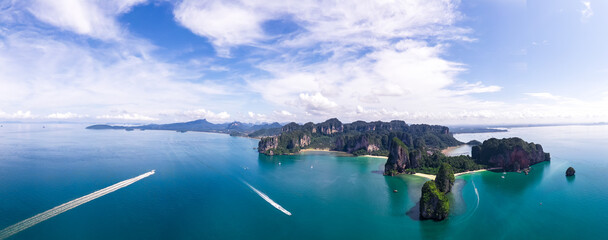 Aerial view Panorama of Ao Nang Island, Rai Lay Beach, Long Bay and passenger boat, tourist,...