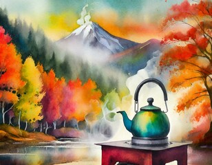 Tea kettle on a stove with steam autumn colors of the trees and mountain