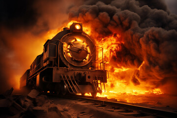 illustration of a burning steam locomotive - railway accident - obrazy, fototapety, plakaty
