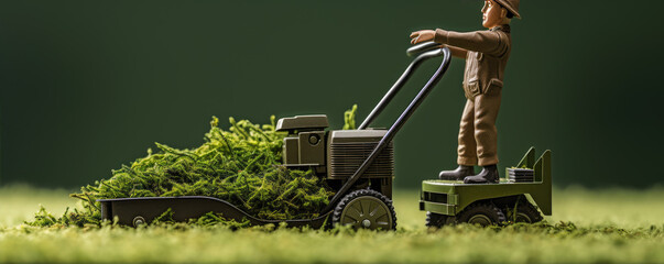 minimalistic model of worker lawn cutting grass