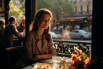 Enchanting autumn. elegant woman at parisian cafe with ivy-clad walls and wrought iron furniture - obrazy, fototapety, plakaty