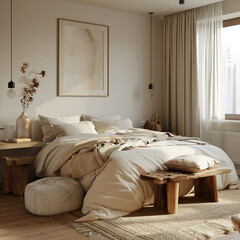 An inviting Scandinavian-style bedroom with a simple yet elegant aesthetic featuring soft textiles and natural wood accents
