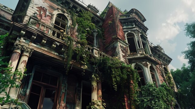 A dilapidated Victorian mansion's exterior, with ornate balconies, crumbling columns, and overgrown ivy reclaiming the weathered facade.