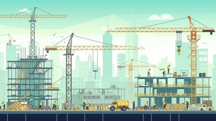 Silhouette of construction site with cranes and workers at sunset, urban skyline background.