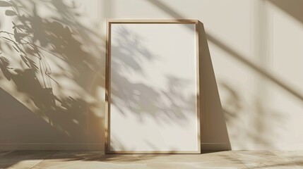 creaty a empty A3 rectangle birch frame mockup, placed on the floor with a neutral colored wall behind it, shadows coming from the left, very minimalistic  