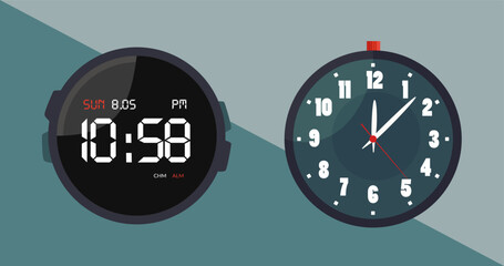 Analog and electronic watch. Simple flat design. Icons of watches. Old and new digital watch
