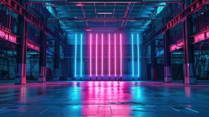 Dark large warehouse turned TV studio, cool Neon blue and pink light  