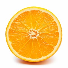 Cross-section of a juicy orange, showcasing vibrant orange pulp, isolated on white background.