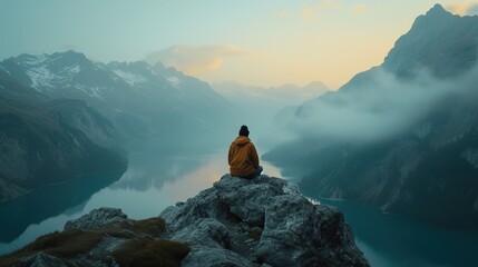 Solitary man in a yellow jacket sitting on a mountain peak overlooking a misty alpine landscape at sunrise.