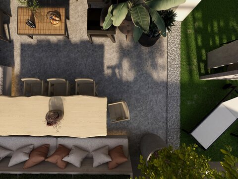 PLANOS VISTA 3D DE CASA DE DISE&Ntilde;O ESTILO MEDITERRANEO . TERRAZA 