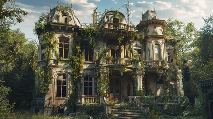 Fototapeta na wymiar A dilapidated Victorian mansion's exterior, with ornate balconies, crumbling columns, and overgrown ivy reclaiming the weathered facade.