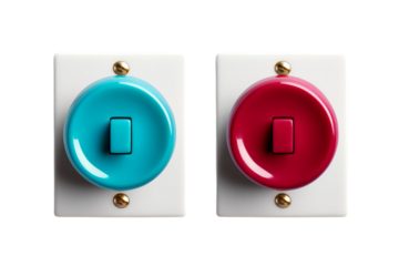 Chromatic Control: Red and Blue Light Switches. On a White or Clear Surface PNG Transparent Background.