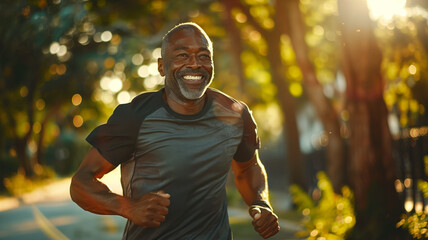 Smiling middle-aged man enjoying a sunny morning run in the park. - obrazy, fototapety, plakaty