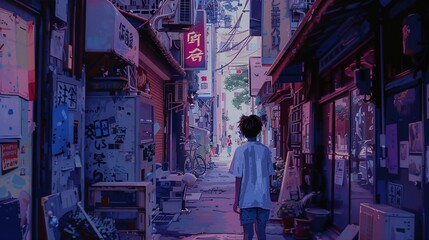 Animator boy in Tokyo alley pixel art style