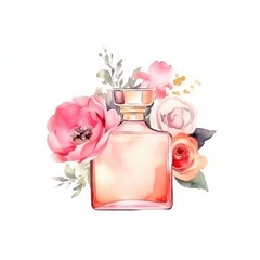 Bottle of perfume with flowers. Hand drawn watercolor illustration.